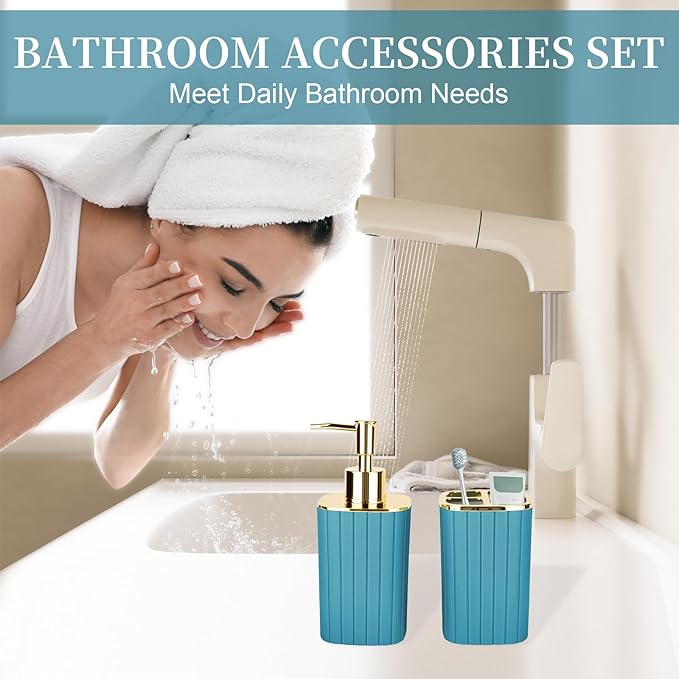 2PCS Bathroom Accessories Set, Teal Blue Bathroom Accessories Include Soap Dispenser and Toothbrush Holder for Boho Bathroom Decor