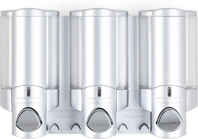 Better Living Aviva Shower Dispenser 3 Chamber, Wall Mount Shower Soap Dispenser for Bathroom Hotel Body Wash, Built-in Hooks, No Drill, Waterproof Shampoo Soap Dispenser, 3 x 11 oz, Satin Silver