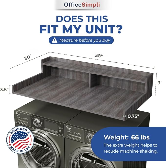OfficeSimpli Large Washer Dryer Countertop with Shelf - 30 x 58 Inch - Made in USA Laundry Countertop Over Washer and Dryer with Non-Slip Pads, Storage Shelf, Laundry Topper Organizer, Iconic Maple