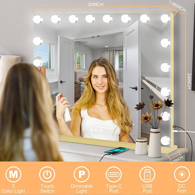 Moonee Gold Vanity Mirror with Lights, Hollywood Lighted Makeup Mirror with 18 Dimmable Bulbs and 10X Magnification, 3 Colors Modes, Aluminum Metal Frame, Light Up Mirror for Tabletop/Wall（32" x 24"）