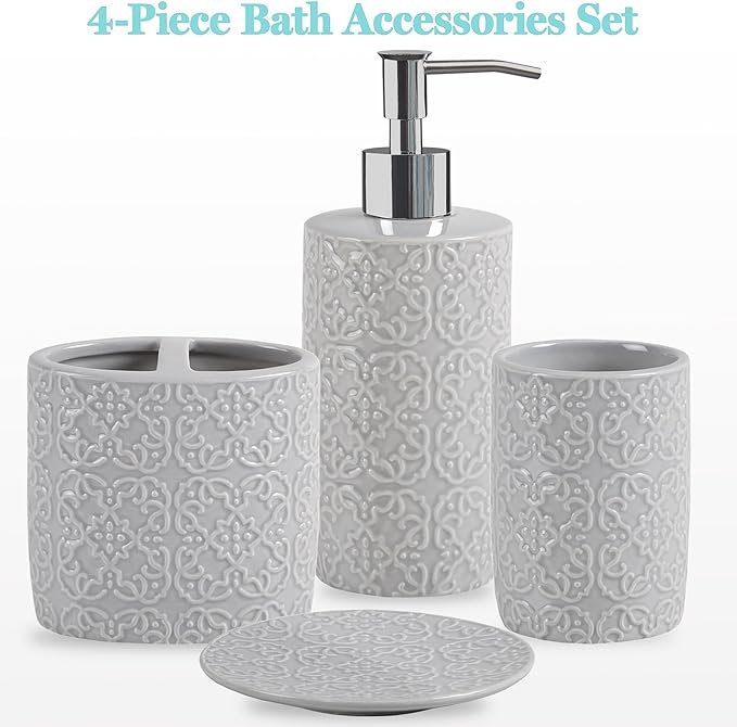Martha Stewart Ceramic Bathroom Accessories Set, Vanity Decor Storage Organizer, Embossed Damask Medallion, Lotion/Soap Dispenser, Toothbrush Holder, Tumbler, Trinket Dish, Assorted Sizes Grey
