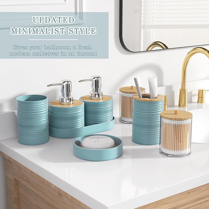 XLHOMO Light Blue Bathroom Set - 10PC Bathroom Accessories Set, Luxury Bathroom Accessory Set with Trash Can,Toilet Brush & 2 PC Soap Dispensers for Apartment Decor and Housewarming