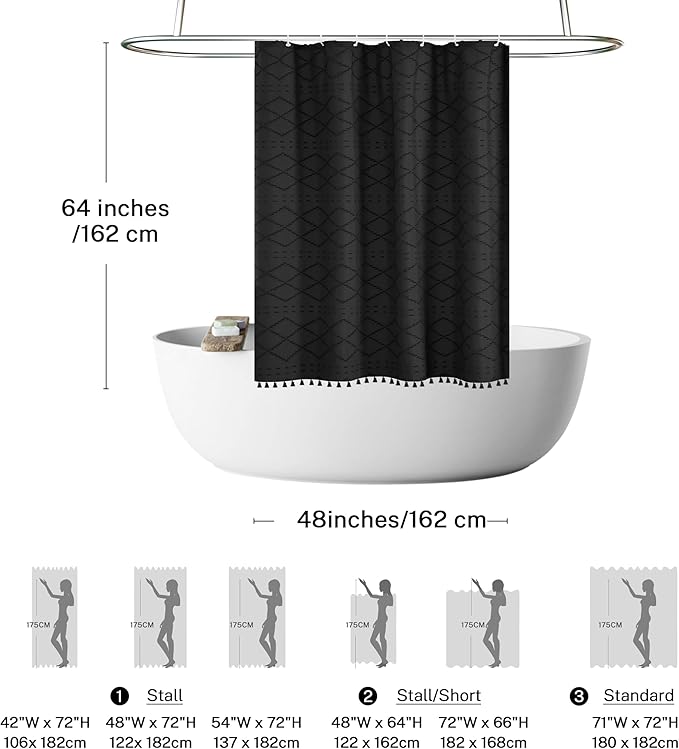 Stall Boho Black Woven Fabric RV Shower Curtain with Tassels 48 x 64 Modern Farmhouse Minimalist Tufted Chevron Striped Shabby Chic Textured, Water Resistant Curtain for Bathroom, Hotel Decor