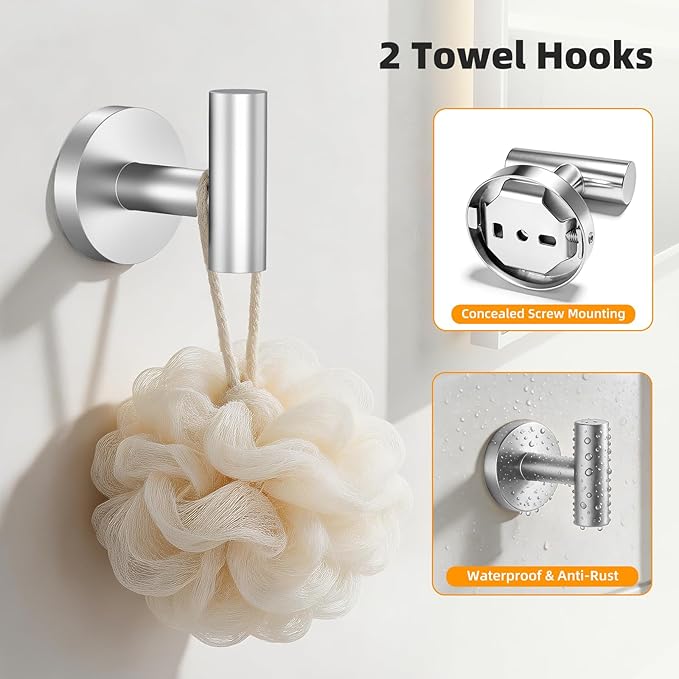 Brushed Nickel 5-Piece Bathroom Hardware Set, SUS304 Stainless Steel, Round Towel Bar, Towel Ring, Toilet Paper Holder, 2 Robe Hooks, Concealed Mount, Wall Mounted Accessories for Bathroom