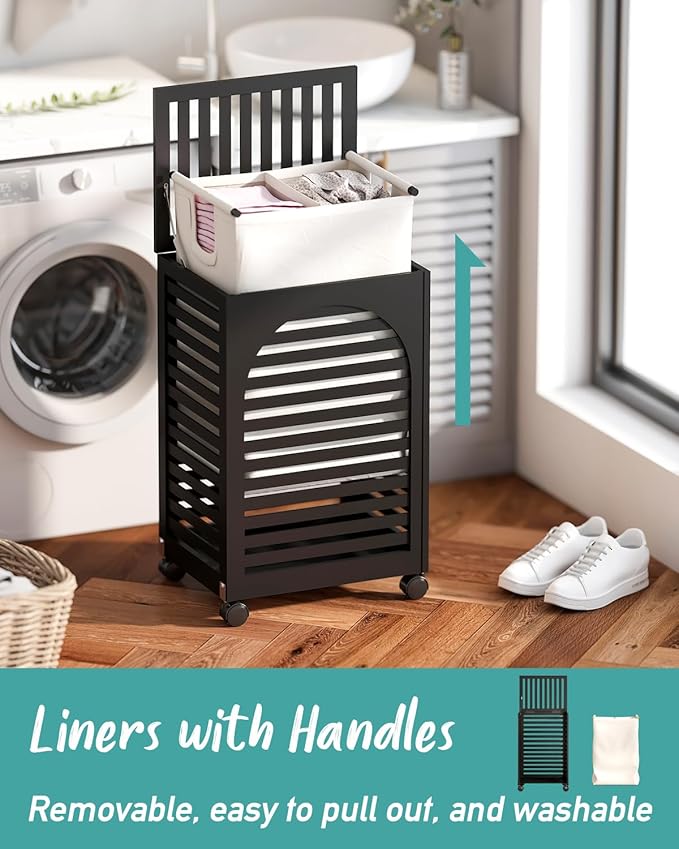 Black Laundry Hamper with Wheels, Laundry Basket with Lid, 22.5 Gallon (85L) Bamboo Wood Clothes Laundry Hamper 2 Section with Handles, Removable Liner