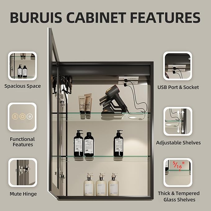 Buruis 24 x 30 Inch Medicine Cabinet with LED Lights and Mirror, Recessed/Wall Mounted Bathroom Cabinet, 3-Color Light, Defogger, Memory Function, Outlet & USB, Dimmer, Black