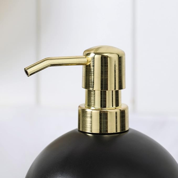 Bathroom Accessories Set, 5-Piece Ceramic Bath Accessory Complete Set with Lotion Dispenser/Soap Pump, Cotton Jar, Vanity Tray, Tumbler and Toothbrush Holder (Black and Gold)