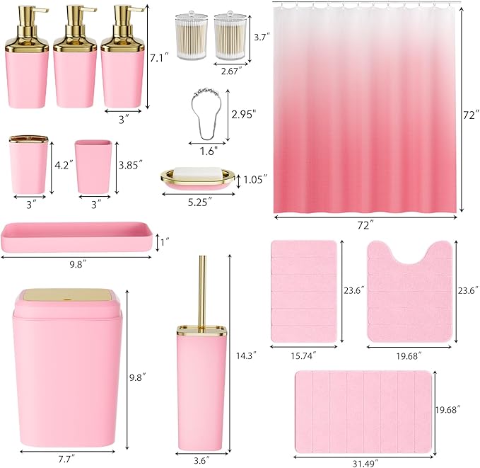 Bathroom Set - 27PC Bathroom Sets with Shower Curtain and Rugs, Pink Bathroom Set, Pink Bathroom Accessories Set with Push-lid Trash Can, Toilet Brush & Soap Dispensers