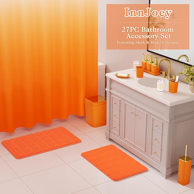 Bathroom Set - 27PC Bathroom Sets with Shower Curtain and Rugs, Orange Bathroom Set, Orange Bathroom Accessories Set with Push-lid Trash Can, Toilet Brush & Soap Dispensers