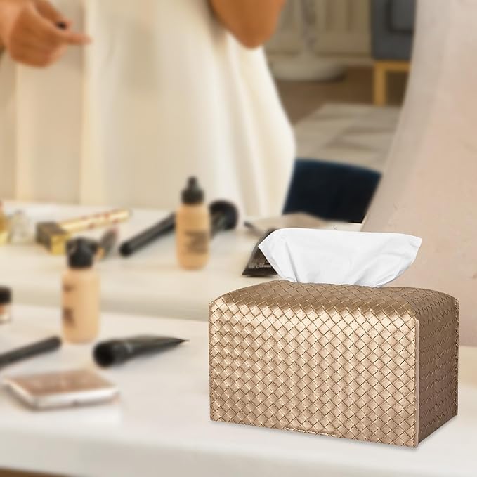 Tissue Box Cover PU Leather Tissue Holder Square Facial Tissue Case Facial Paper Organizer Dispenser for Bathroom, Vanity Countertop, Tabletop, Car, Rectangle, Gold