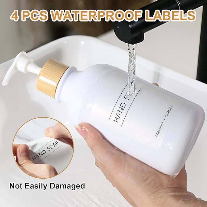 KASUNTING White Soap Dispenser, 2 Pack Plastic Bathroom Hand Soap and Lotion Dispenser Set with Bamboo Pump, 17 Fl Oz Hand and Dish Soap Dispensers Set for Kitchen, Refillable Liquid Soap Bottles