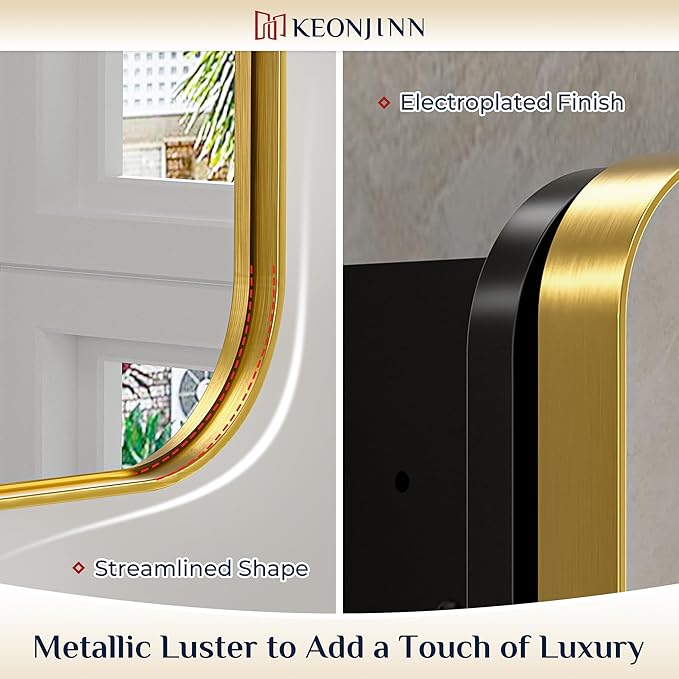Keonjinn Gold Bathroom Medicine Cabinet with Mirror 16 x 24 Inch, Small Brushed Brass Medicine Cabinet, Stainless Steel Framed, Stepless Adjustable Shelves, DTC Hinges, Recessed or Surface Mount