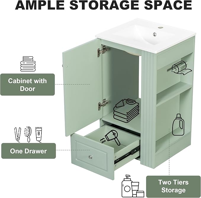 Virubi 20 in Small Bathroom Vanity with Sink,Drawer,Doors and Side Storage & Toilet Paper Holder, Solid Wood & MDF Modern Single Bathroom Sink Cabinet with Drawers,Freestanding (Green,20 in)