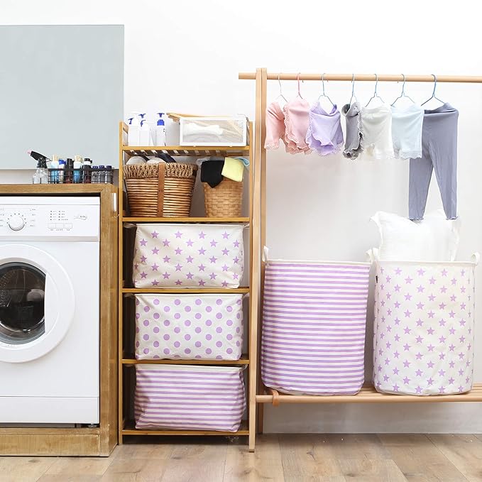 Sea Team 19.7 Inches Large Sized Waterproof Coating Ramie Cotton Fabric Folding Laundry Hamper Bucket Cylindric Burlap Canvas Storage Basket with Stylish Stars Design (19.7", Purple Star)
