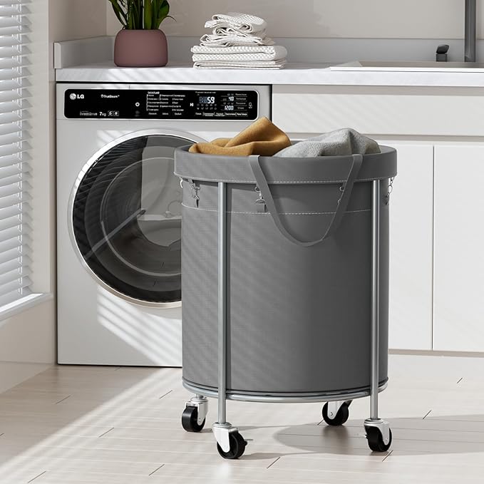 Aduanbang 170L Laundry Basket with Wheels, Rolling Hamper with Removable Bag & Steel Frame, Round Laundry Cart with 4 Casters & 2 Brakes, Ideal for Bedroom, Bathroom & Laundry Room