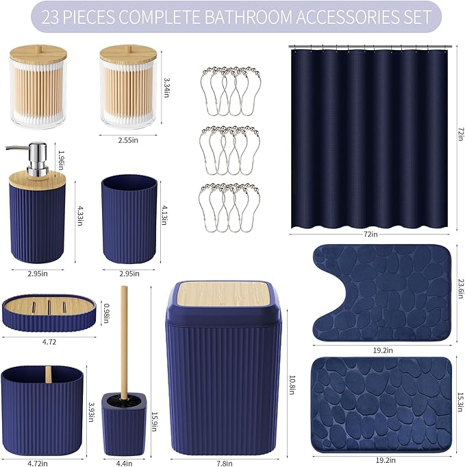 Navy Blue Bathroom Accessories Set, Bathroom Set with Shower Curtain and Rugs, Trash Can, Toilet Brush with Holder, Soap Dispenser, Toothbrush and Toothpaste Holder, Cup, Soap Dish, Qtip Holders