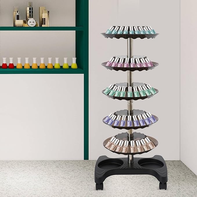 Nail Polish Trolley Organizer, 5 Tiers 360° Rotating Tray Nail Polish Spinning Rack Display Stand with Wheels, Display Rolling Cart for Spa Home Use