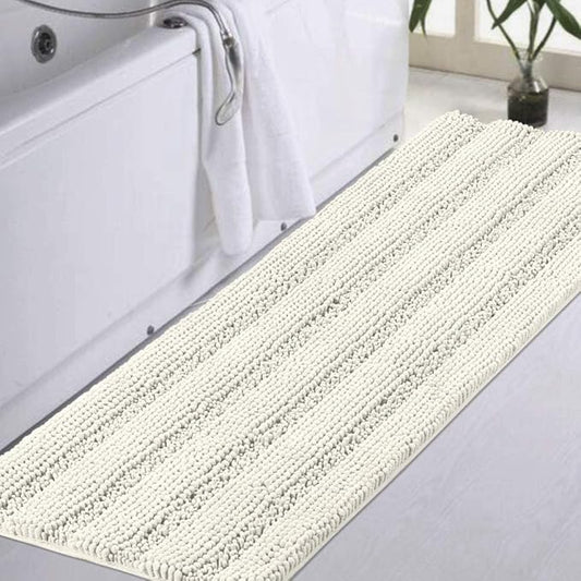 Turquoize Chenille Bath Rug - Non Slip, Absorbent, Thick Shaggy Mat for Bathroom, 47x17 inches, Cream
