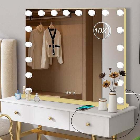Moonee Gold Vanity Mirror with Lights, Hollywood Lighted Makeup Mirror with 18 Dimmable Bulbs and 10X Magnification, 3 Colors Modes, Aluminum Metal Frame, Light Up Mirror for Tabletop/Wall（32" x 24"）