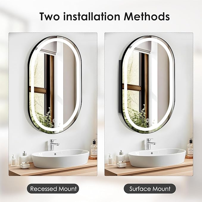 SogesHome Wall Mounted Mirror Medicine Cabinet 33"X20" with LED Lights, Oval Vanity Mirror Storage with Shelves, Modern Decro Recessed Mirror Medicine Cabinet for Bathroom, Bedroom, Black