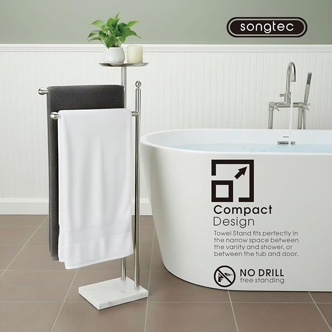 Songtec Bath Towel Rack Stand for Bathroom, 2-Tier Towel Holder Stand for Bath Towels Max to 68” & 60” Long, Practical Shelf on Top for Phone, Shampoo, Body Wash