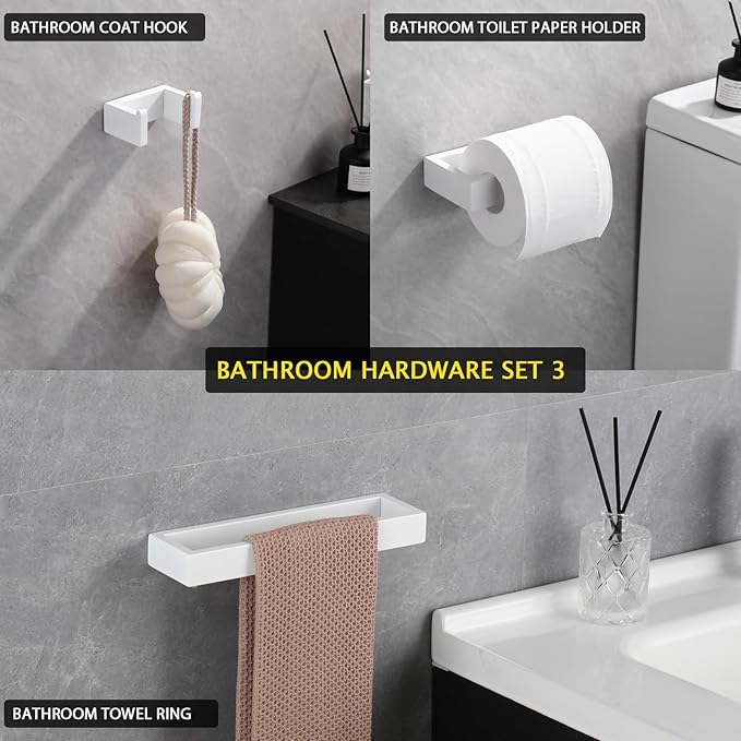GERZWY 3-Piece Bathroom Accessory Set Stainless Steel Toilet Paper Holder Towel Ring Towel Hooks Wall Mount, White