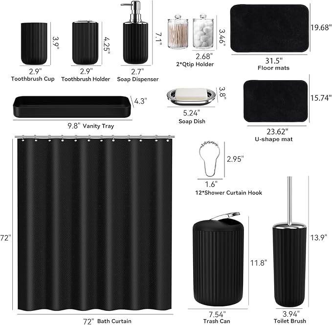 XLHOMO 24 PCS Black Bathroom Accessories Set with Shower Curtain and Rugs, Bathroom Sets with Extra Soft and Absorbent Bath Rugs Shower Curtain Black Bathroom Sets for Bath