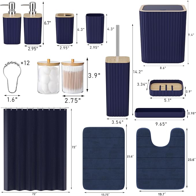 XLHOMO Bathroom Set - 25PC Blue Bathroom Set with Shower Curtain and Rugs, Bathroom Accessories Set, Blue Shower Curtain Set with Bathroom Trash Can