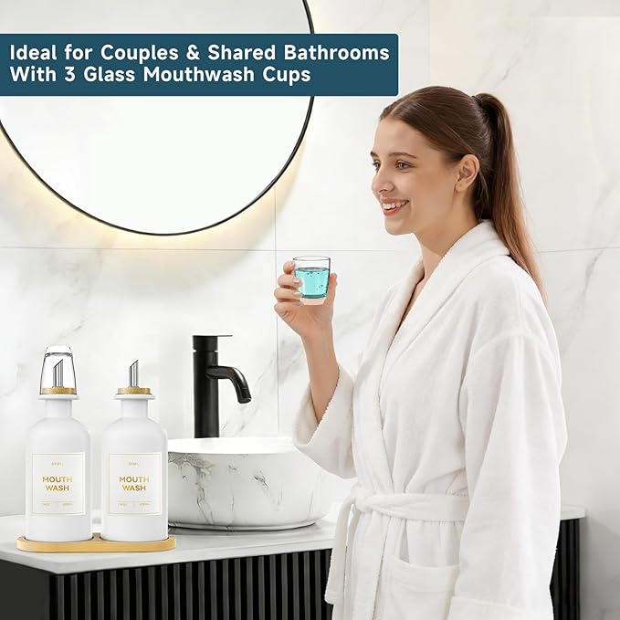 2PCS White Glass Mouthwash Dispenser for Bathroom Countertop – 14oz/410ml Refillable Mouthwash Container with Glass Cup & Bamboo Tray, Modern Bathroom Decor for Home, Vacation Rentals, Gym (White)