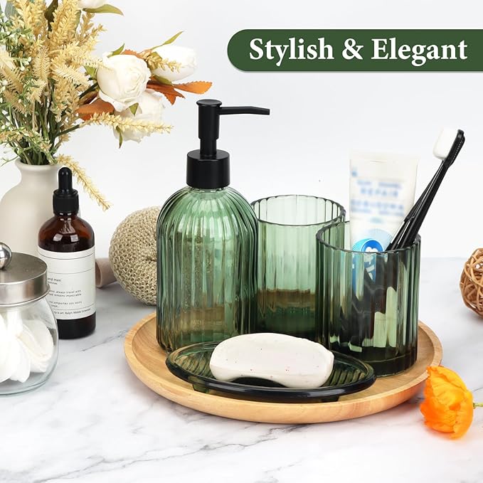 Topsky 4 Pcs Glass Bathroom Accessories Set,13.5oz Liquid Hand Soap Dispenser with Toothbrush Holder,Mouthwash Cup,Soap Dish for Bathroom Countertop,Vertical Stripe Design,Heavy Weight,Army Green