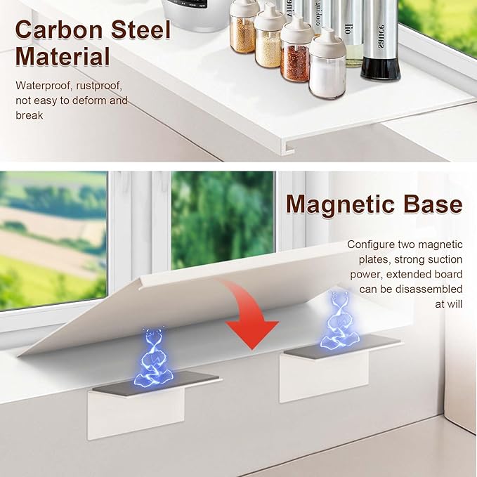 Window Sill Extender Plate, Carbon Steel Storage Shelf, 15.8x7.9in Countertop Extension Board with Magnetic Base, No Punching, for Kitchen Office Bathroom White