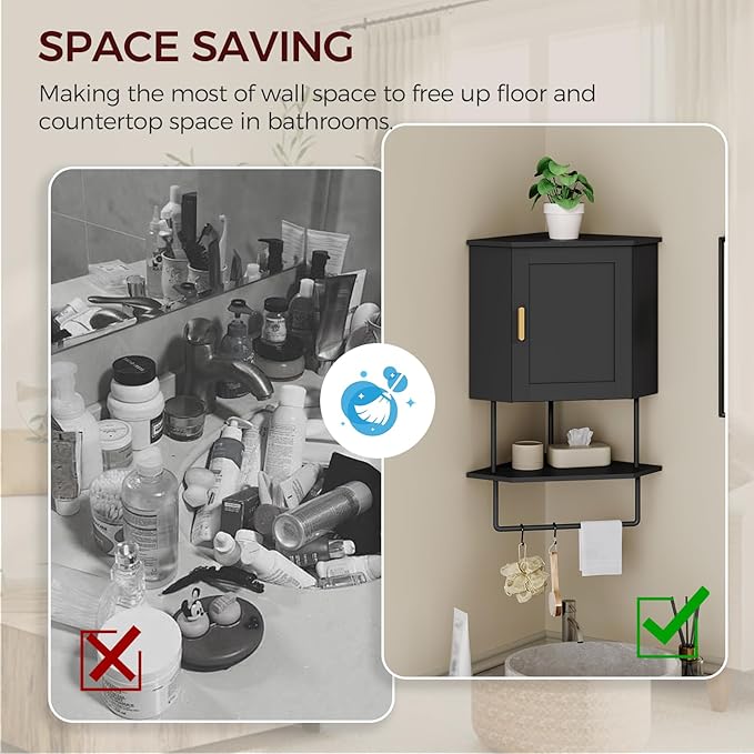 MAHANCRIS Bathroom Wall Cabinet, Corner Wall Mount Medicine Cabinet with Adjustable Shelf & Towel Bar, 3-Tier Over Toilet Storage Cabinets for Bathroom Laundry Room Kitchen, for Small Space, Black