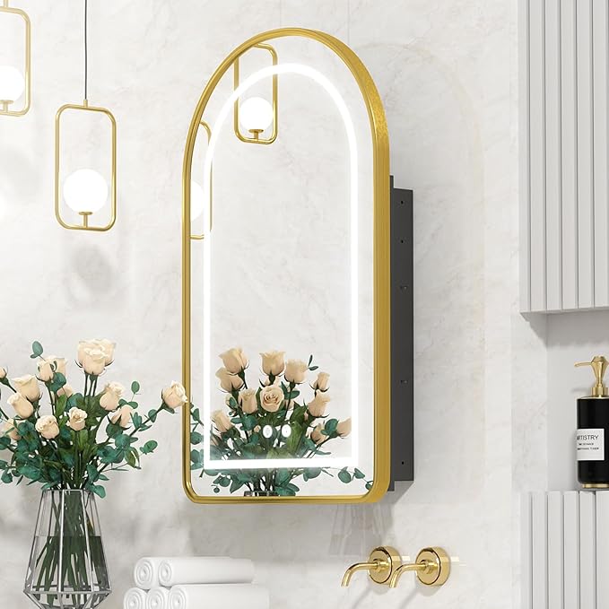 Lighted Arched Medicine Cabinet with LED Mirror - 20x31 Inch Recessed Bathroom Storage, Gold Arched Wall Mounted Mirror Cabinet, Arch Medicine Cabinet with Lights,Anti-Fog