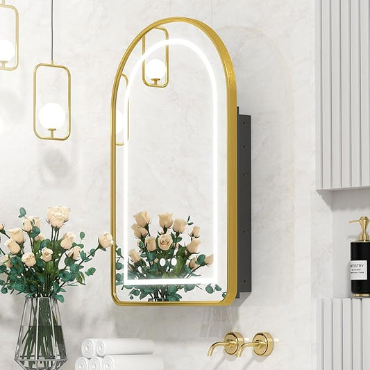 Lighted Arched Medicine Cabinet with LED Mirror - 20x31 Inch Recessed Bathroom Storage, Gold Arched Wall Mounted Mirror Cabinet, Arch Medicine Cabinet with Lights,Anti-Fog