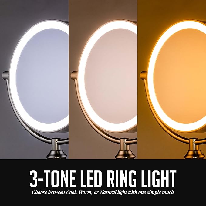 OVENTE 8" Lighted Tabletop Makeup Mirror with 1X/10X Magnification, Double Sided Vanity Mirror, 360° Swivel Design, 3-Tone Smart Touch Glow LED Lights with Auto Shut Off, Nickel Brushed MPT751BR1X10X