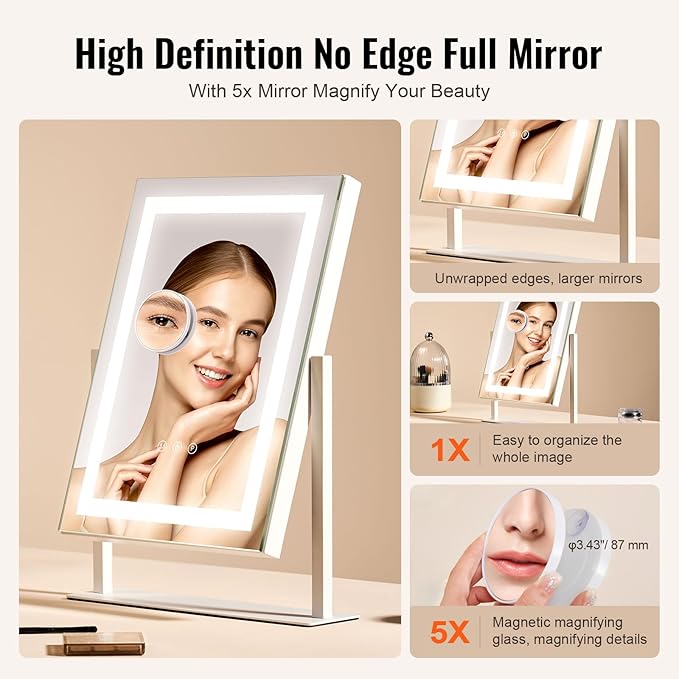 VEVOR Lighted Makeup Mirror, Three Color Lighting Modes Hollywood Vanity Mirror, Makeup LED Mirror with Lights, and 5X Magnification Mirror, Smart Touch Control, 360°Rotation (16.1x11.8 in, White)