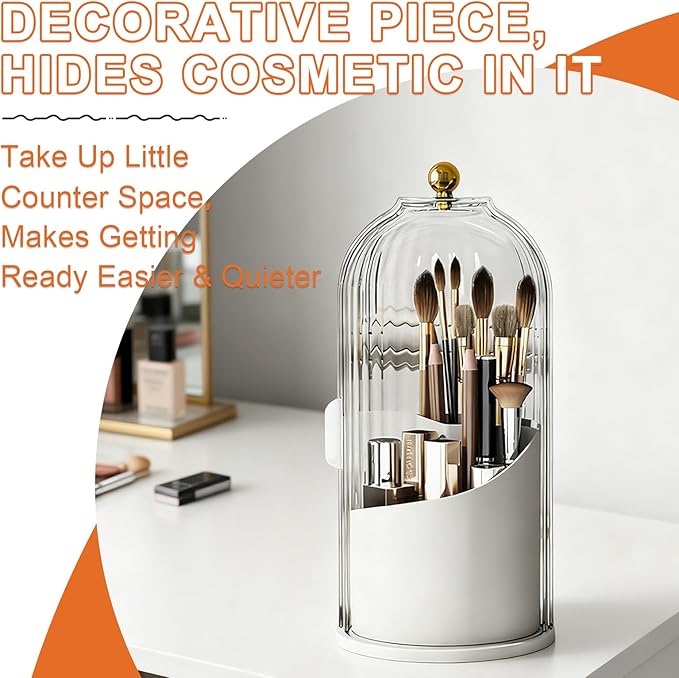 Makeup Brush Holder with Lid 360 rotating,Toothbrush Holder With lid for vanity,3 Slots Storage with 360 Rotating &180° Sliding Open for Bathroom Counter Organizer,Clear Dustproof & Waterproof 1pcs