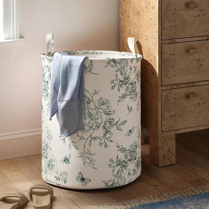 2Pcs Blue Floral Laundry Basket Cute Girls Nursery Hamper Kids Baby Flowers Room Decor Foldable Oxford Cloth Funny Tote Clothes Storage Bucket Organizer For Bedroom (Floral)