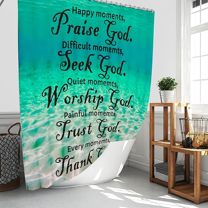 Dreamrflove Shower Curtain Ocean/Sea Themed, Blue Ocean Scripture Shower Curtain with,Classic Christian Scriptureins Quotes,72x72 Inch Waterproof Polyester Insulated Home Decor