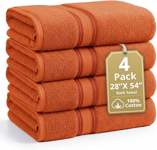 Lane Linen 100% Cotton 4 Pack Bath Towels (28"x54") - Zero Twist, Mercerized Cotton Towel Sets for Bathroom - Quick Dry, Soft & Absorbent Large Bath Towel Set - Salon, Spa & Hotel Quality - Tiger Lily