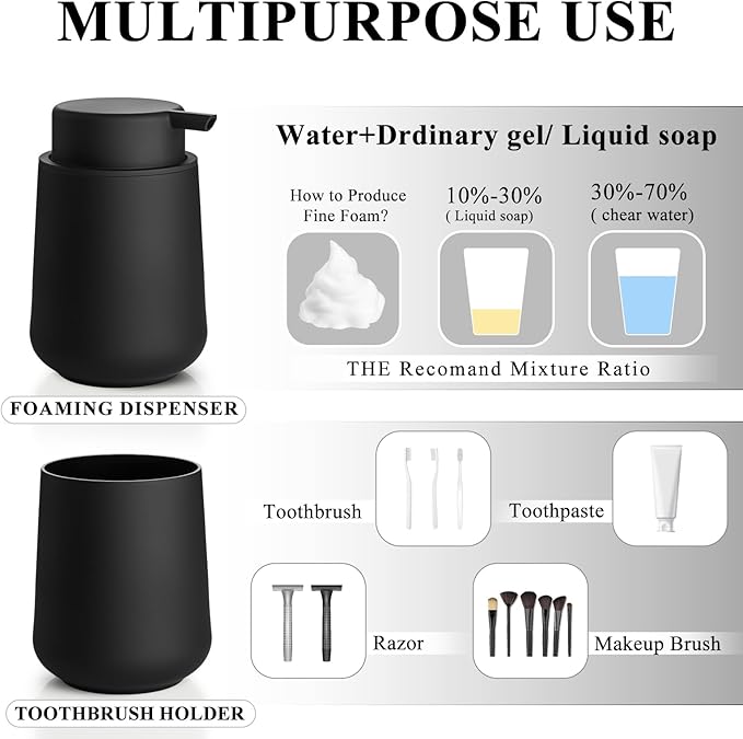 Matte Black Bathroom Toothbrush Holder Set Plastic Foaming Hand Soap Dispenser and Toothbrush Holders 2 Piece