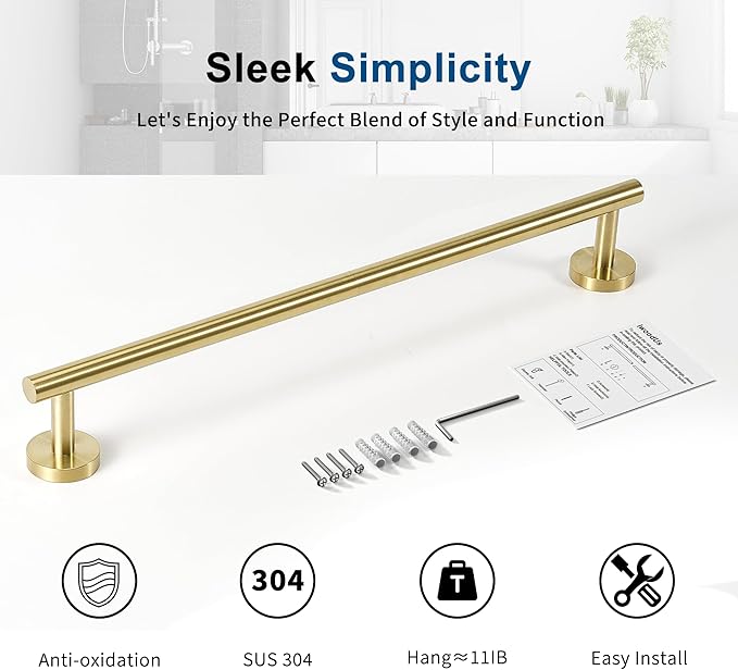 Brushed Gold Towel Bar, 14 Inch Towel Racks for Bathroom Wall Mounted, Thicken SUS304 Stainless Steel Heavy Duty Hand Towel Holder Organizer, Bathroom Accessories, Total Length 16.5 Inch