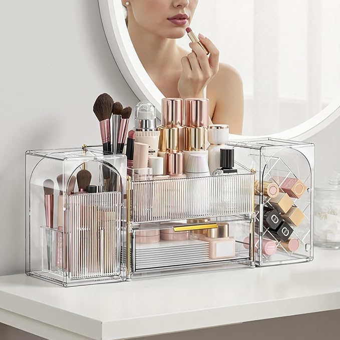 INVSSENE Stackable Makeup Organizer Countertop, Storage Perfume Skincare Cosmetic Lipstick Face Mask Makeup Brush Palettes, Ideal for Vanity Bathroom Counter