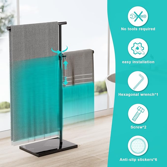 Free Standing Towel Rack for Bathroom with Weighted Marble Base, 40 Inch Adjustable Height and 360° Swivel Bar, Taller Rustproof 304 Stainless Steel Floor Towel Stand for Bathtub, Pool and Spa