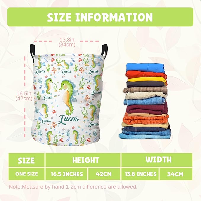 Personalized Seahorse Laundry Hamper, Ocean Themed Laundry Baskets with Custom Name, Collapsible Hamper for Kids Adults Home Decoration,16.5 X 13.8in