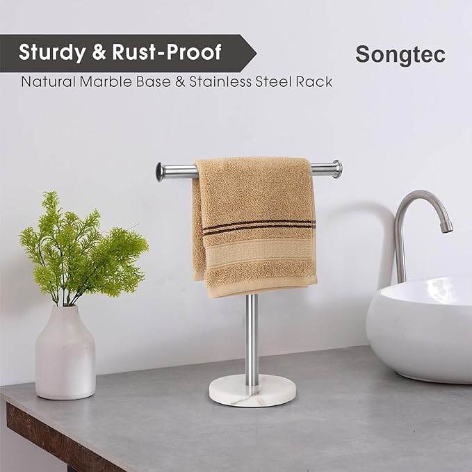 Songtec Hand Towel Holder Stand, Fingertip Towel Rack with Heavy Marble Base, Accessories Jewelry Stand (Marble Base, Brushed Nickel)