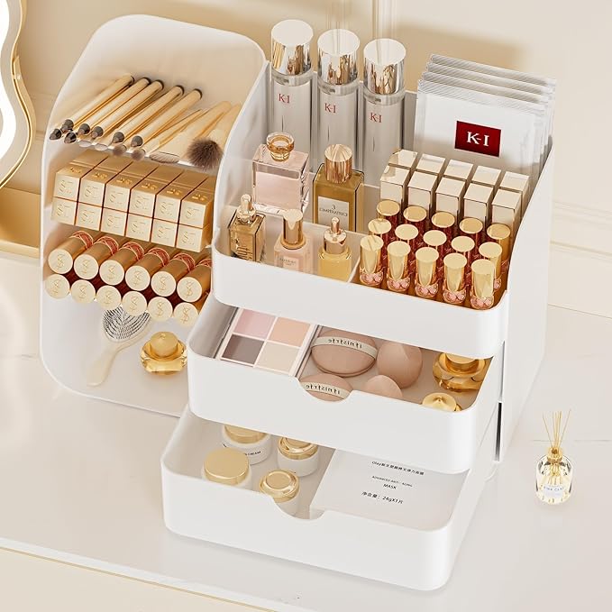 Booklov Makeup Organizer for Vanity, Countertop Cosmetic Display Case with Clear Acrylic Drawers, Bathroom Counter Beauty Caddy, Cute Table Storage Holder for Skincare, Brush Lipsticks, Crystal Green