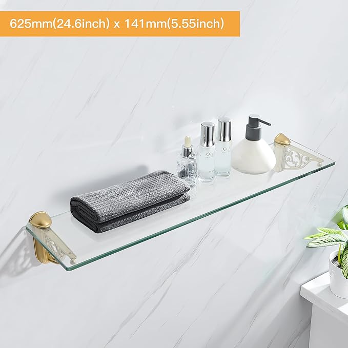 khtumeware 24 Inches Glass Shelves for Bathroom, Brushed Gold Floating Glass Shelf Zinc Tempered Glass Bathroom Shelves for Wall Mount Modern