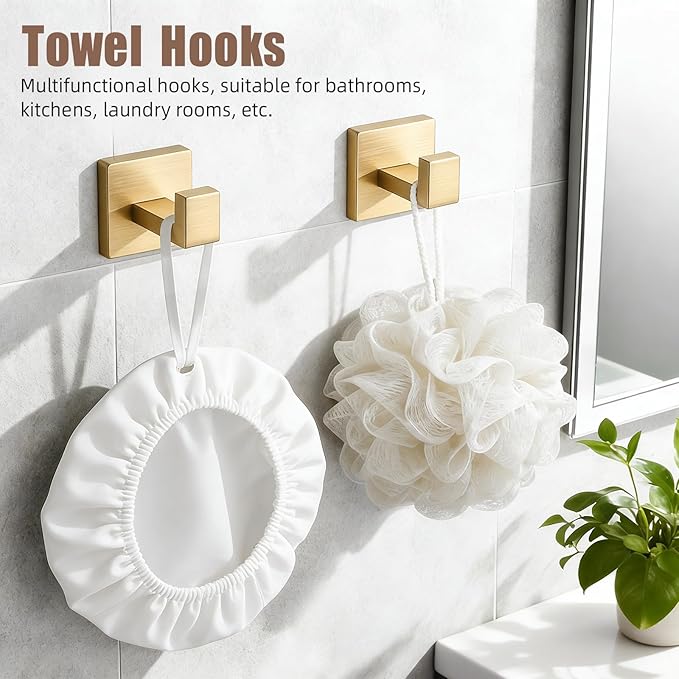 Brushed Gold Bathroom Accessories 6-Piece, Stainless Steel Luxury Bathroom Hardware Set, 16" Towel Bar, Toilet Paper Holder with Shelf, 2 Towel Rings & 2 Hooks, Wall Mounted for Bathroom Remodel