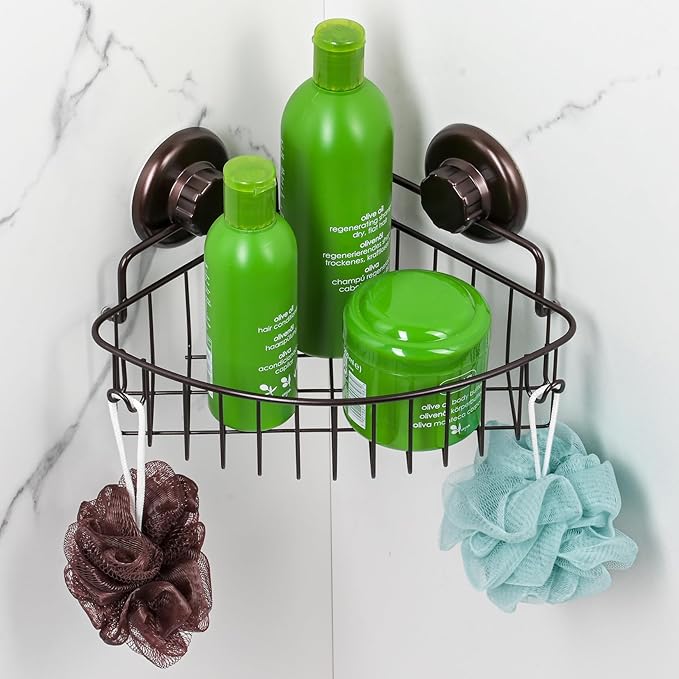 HASKO accessories Suction Cup Corner Shower Caddy - 304 Stainless Steel Shower Shelf - Adhesive 3M Stick Discs Included - Bathroom Caddy with Hooks - No Drilling Bathtub Storage Organizer (Bronze)